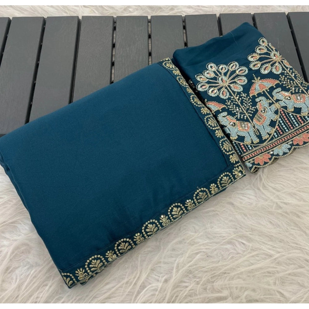 Women's Art Silk Embroidered Saree With Unstitched Blouse 5.5Mtr (Blue)