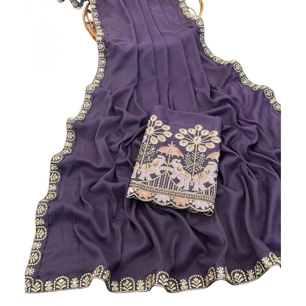 Women's Art Silk Embroidered Saree With Unstitched Blouse 5.5Mtr (Lavender)