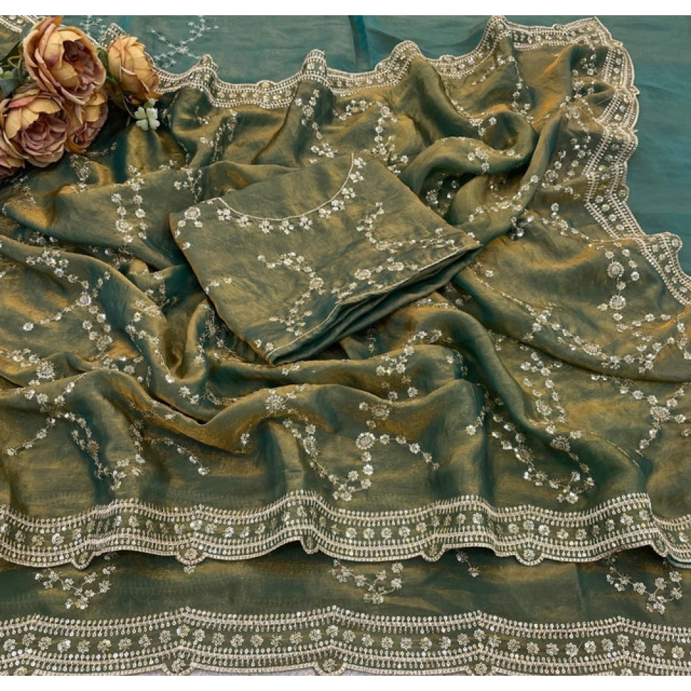 Women's Silk Embellished Saree With Unstitched Blouse 5.5Mtr (Green)