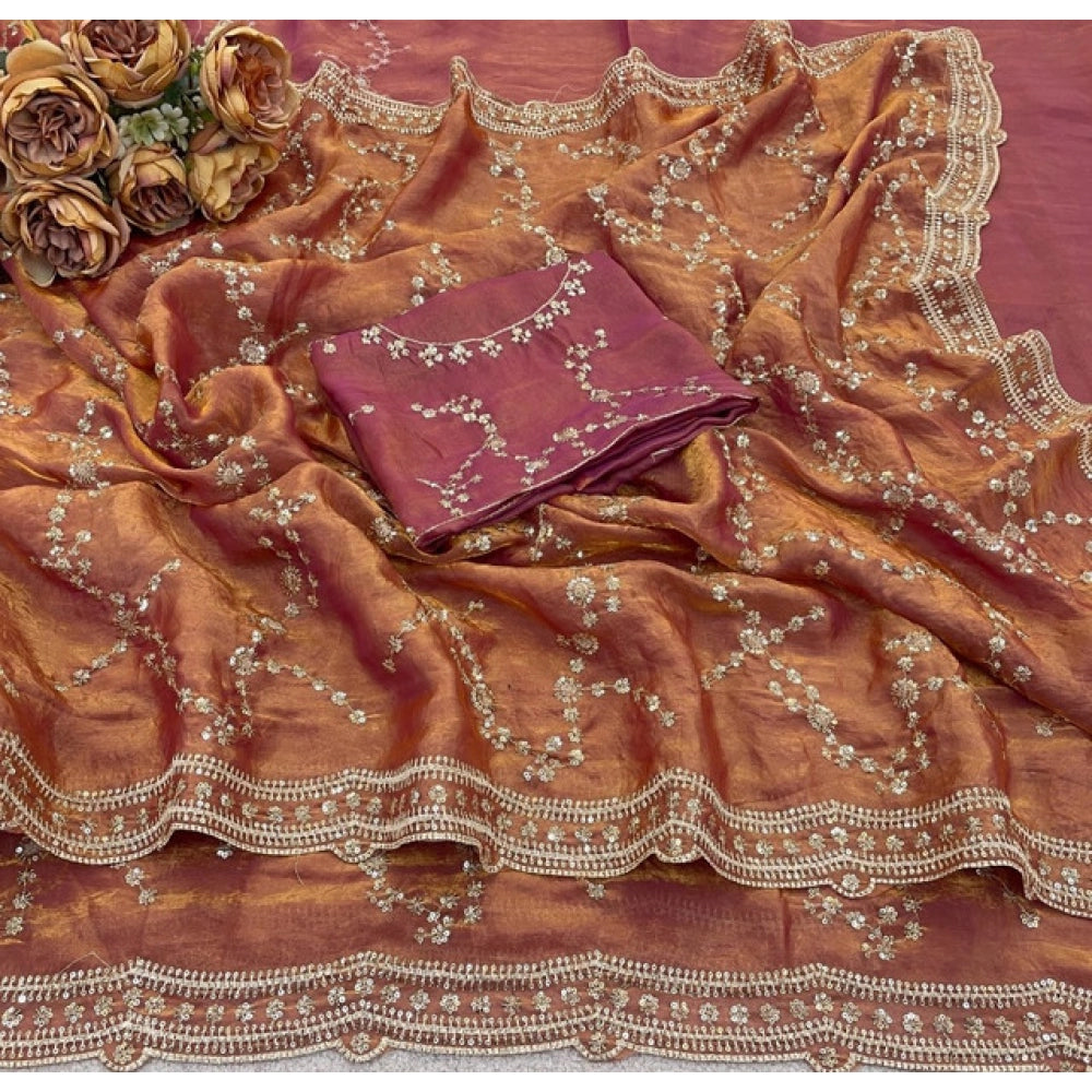 Women's Silk Embellished Saree With Unstitched Blouse 5.5Mtr (Peach)