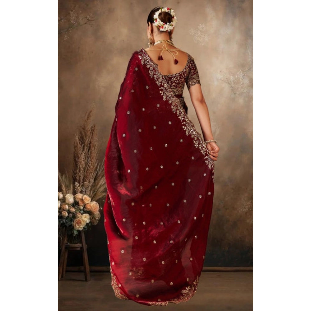 Women's Silk Embroidered Saree With Unstitched Blouse 5.5Mtr (Maroon)
