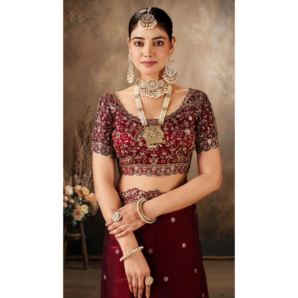 Women's Silk Embroidered Saree With Unstitched Blouse 5.5Mtr (Maroon)