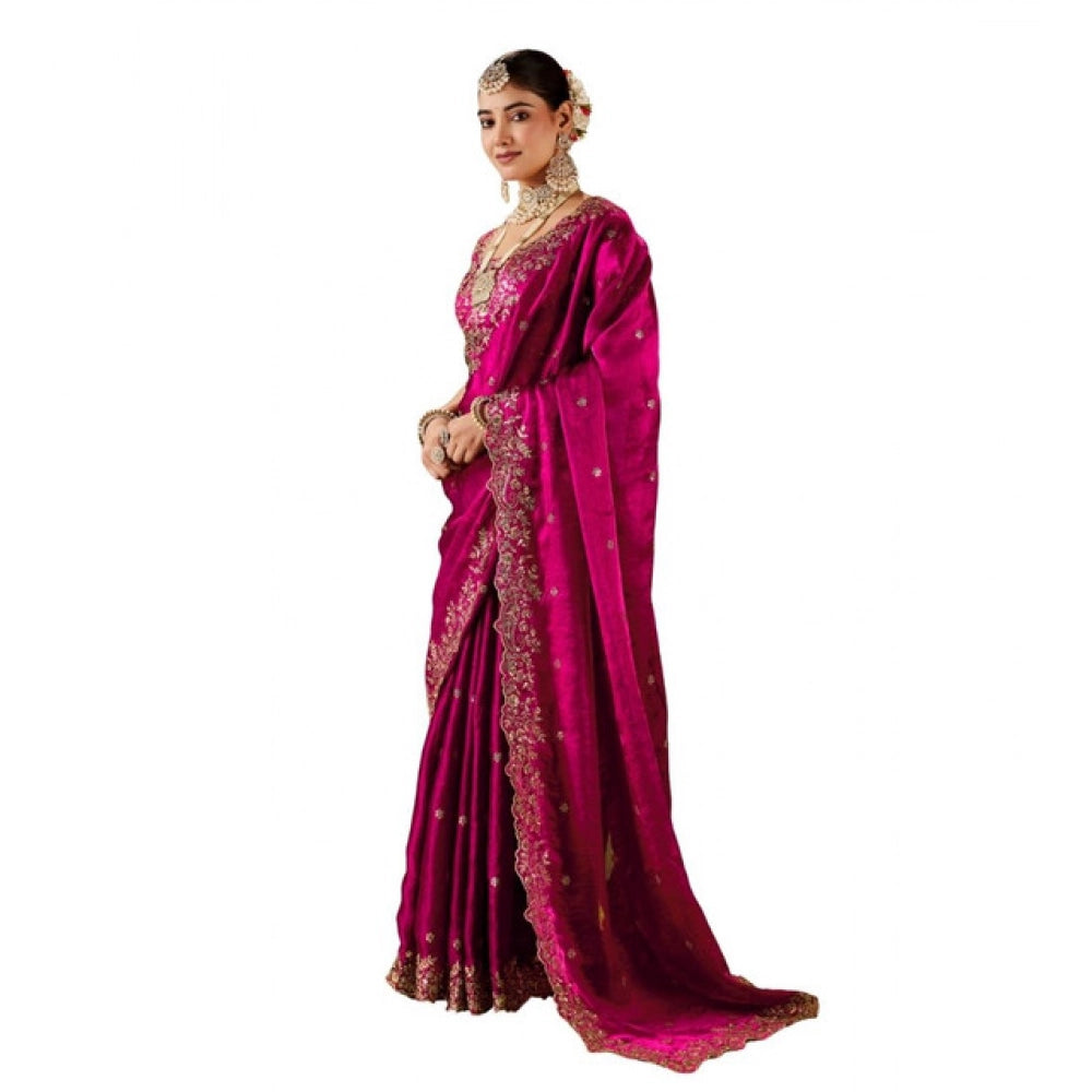 Women's Silk Embroidered Saree With Unstitched Blouse 5.5Mtr (Pink)