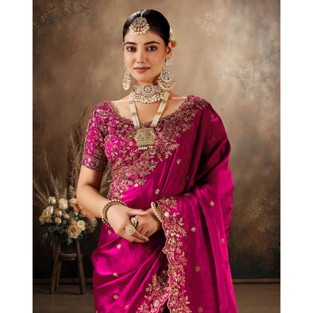 Women's Silk Embroidered Saree With Unstitched Blouse 5.5Mtr (Pink)
