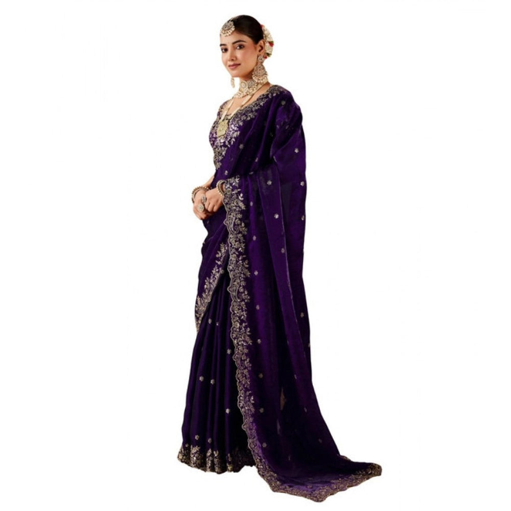 Women's Silk Embroidered Saree With Unstitched Blouse 5.5Mtr (Purple)