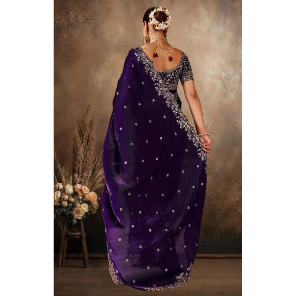 Women's Silk Embroidered Saree With Unstitched Blouse 5.5Mtr (Purple)