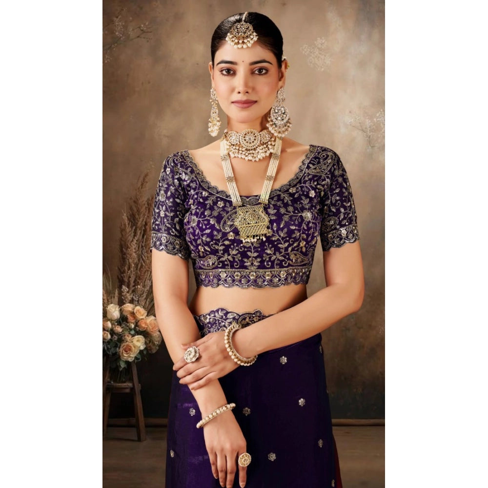Women's Silk Embroidered Saree With Unstitched Blouse 5.5Mtr (Purple)
