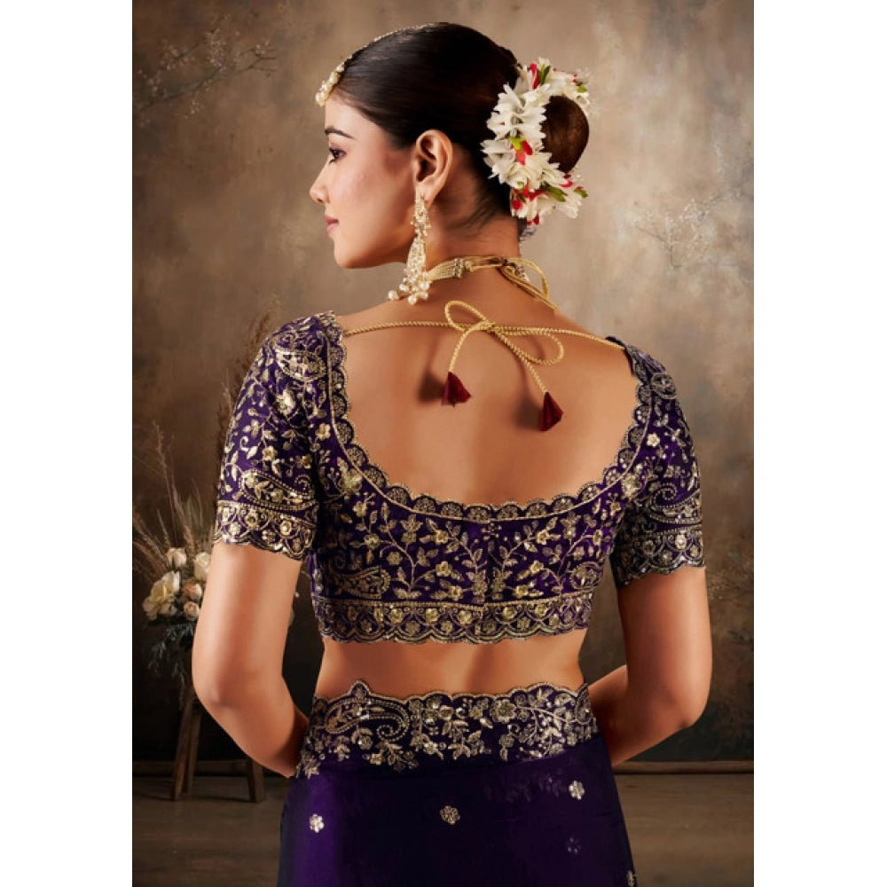 Women's Silk Embroidered Saree With Unstitched Blouse 5.5Mtr (Purple)