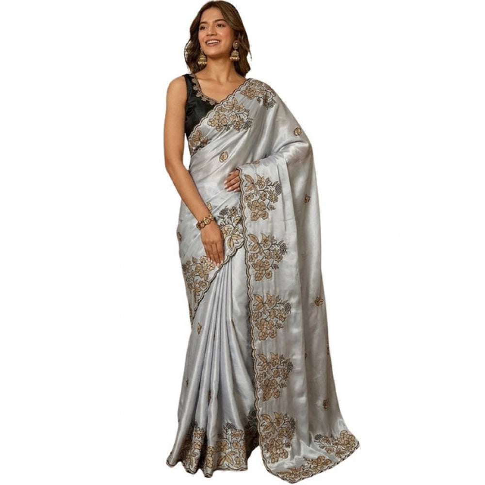 Women's Viscose Silk Embroidered Saree With Unstitched Blouse 5.5Mtr (Grey)