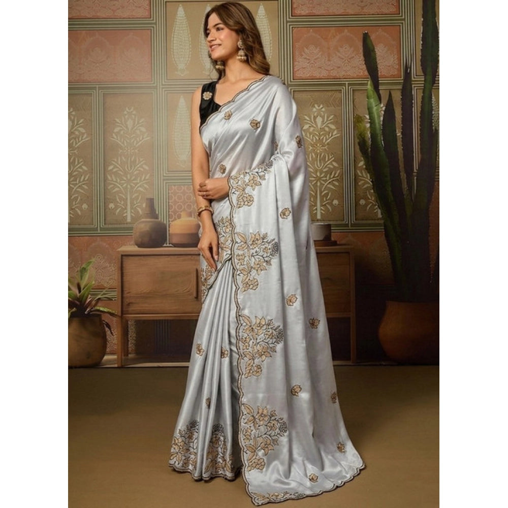 Women's Viscose Silk Embroidered Saree With Unstitched Blouse 5.5Mtr (Grey)