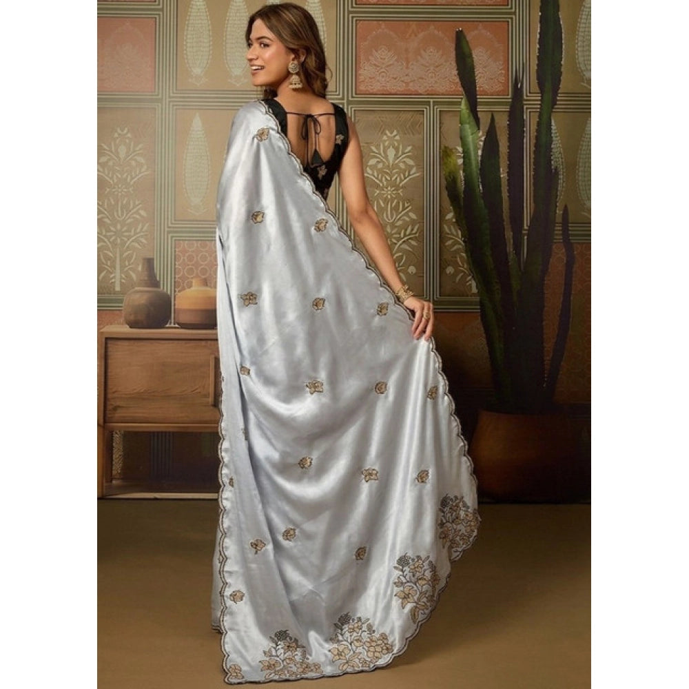 Women's Viscose Silk Embroidered Saree With Unstitched Blouse 5.5Mtr (Grey)