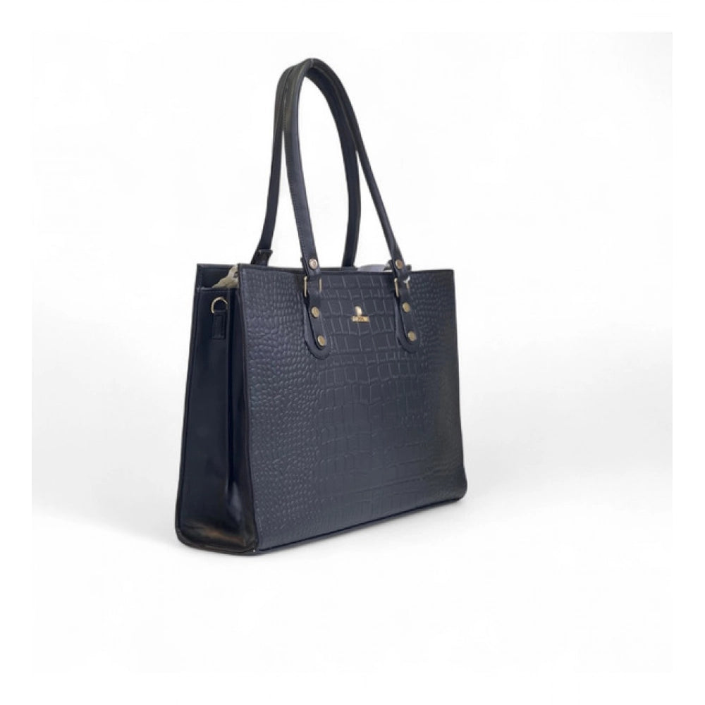 Women's Polyurethane Croco Shoulder Tote Bag (Black)