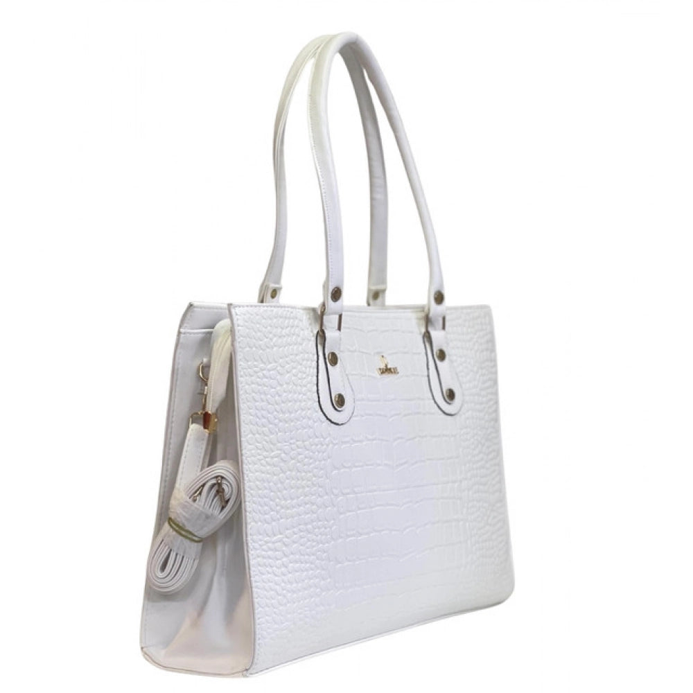 Women's Polyurethane Croco Shoulder Tote Bag (White)
