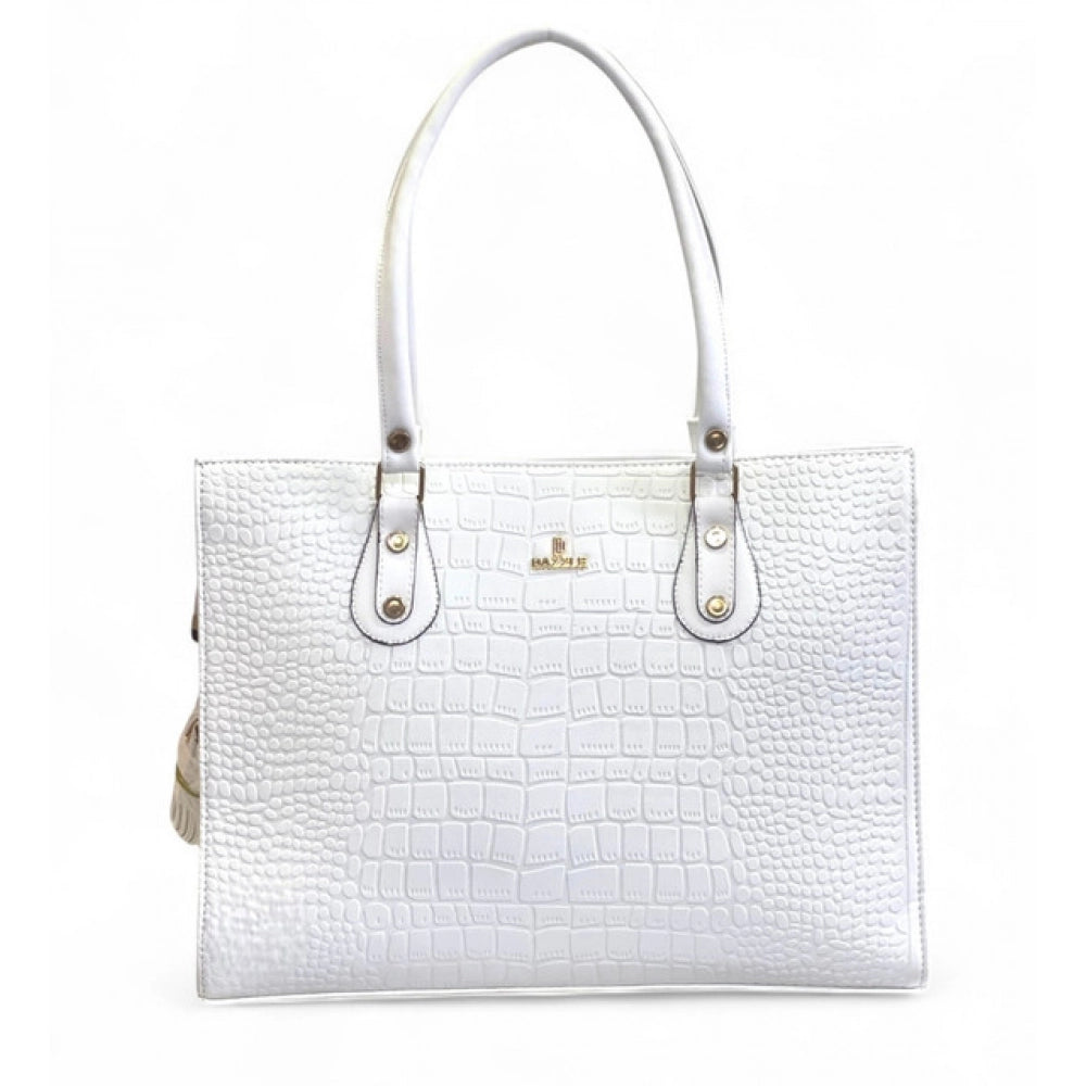 Women's Polyurethane Croco Shoulder Tote Bag (White)