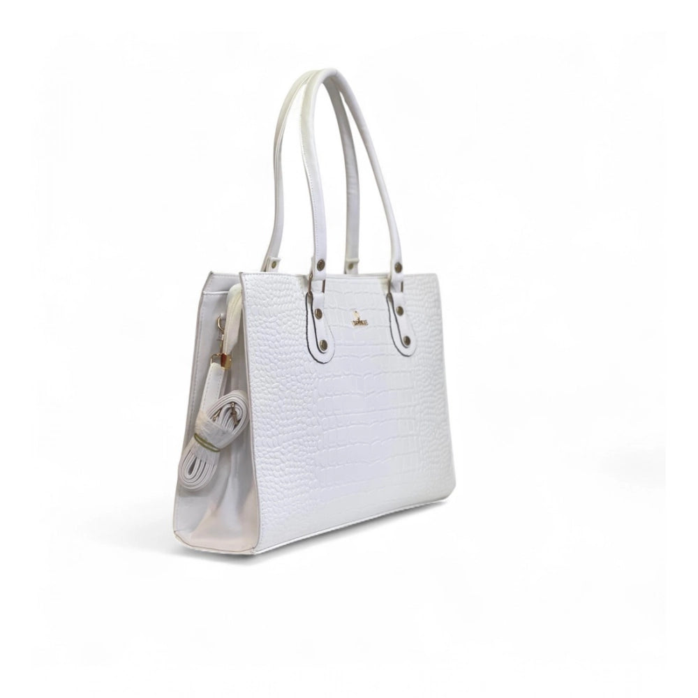 Women's Polyurethane Croco Shoulder Tote Bag (White)