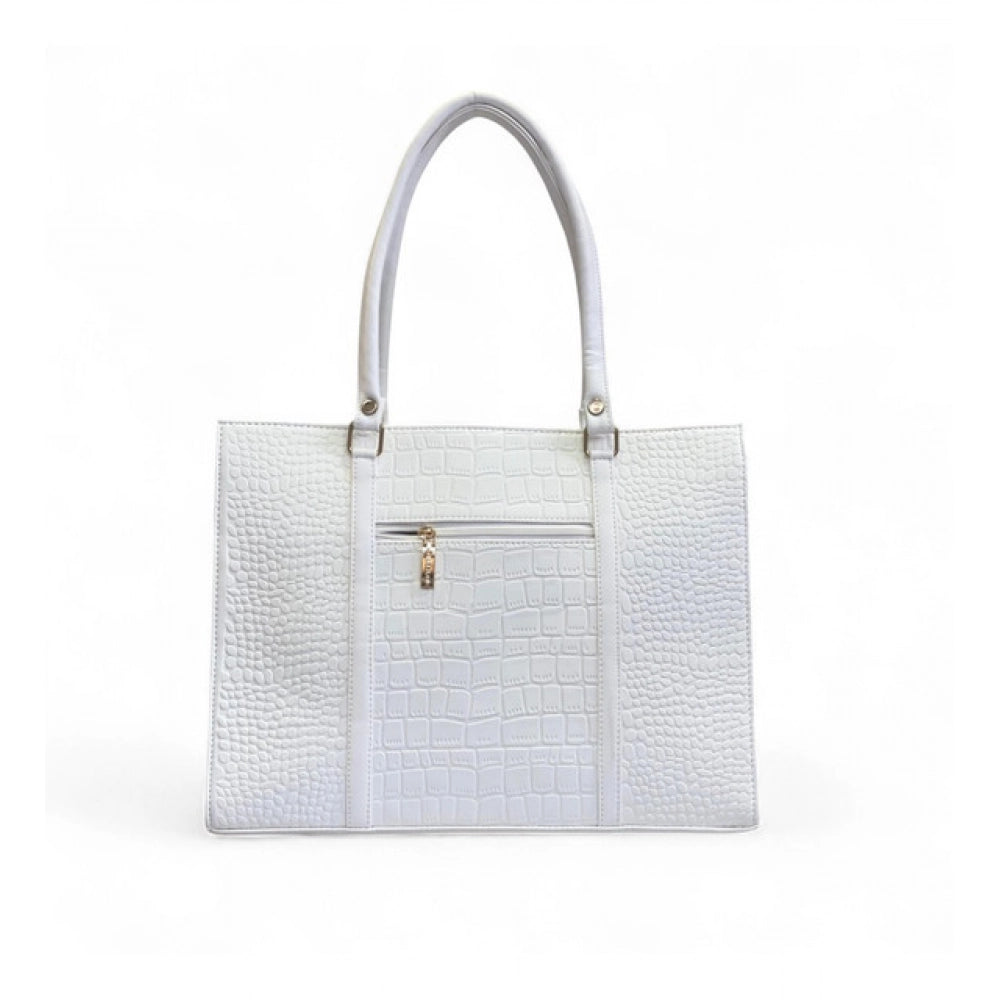 Women's Polyurethane Croco Shoulder Tote Bag (White)