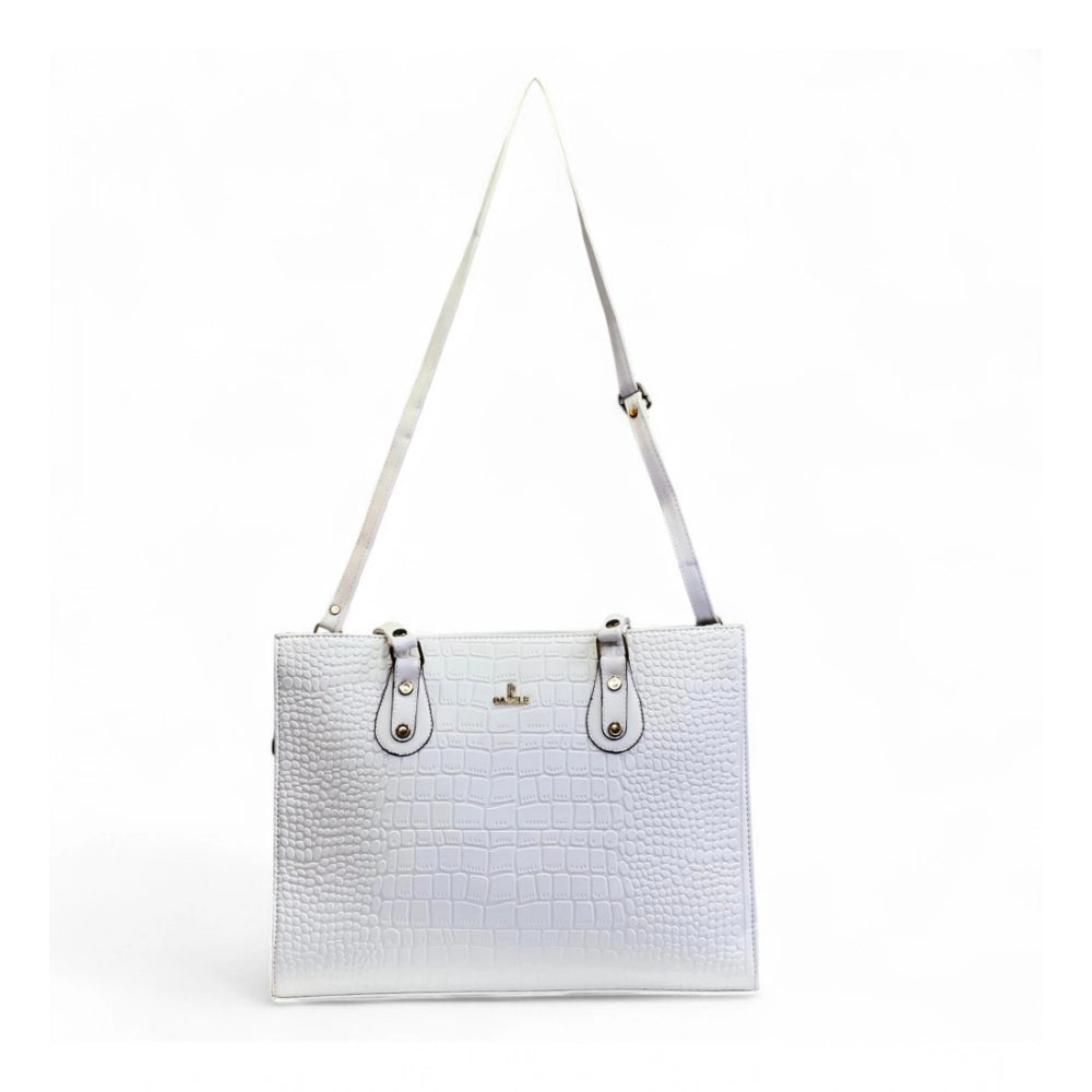 Women's Polyurethane Croco Shoulder Tote Bag (White)