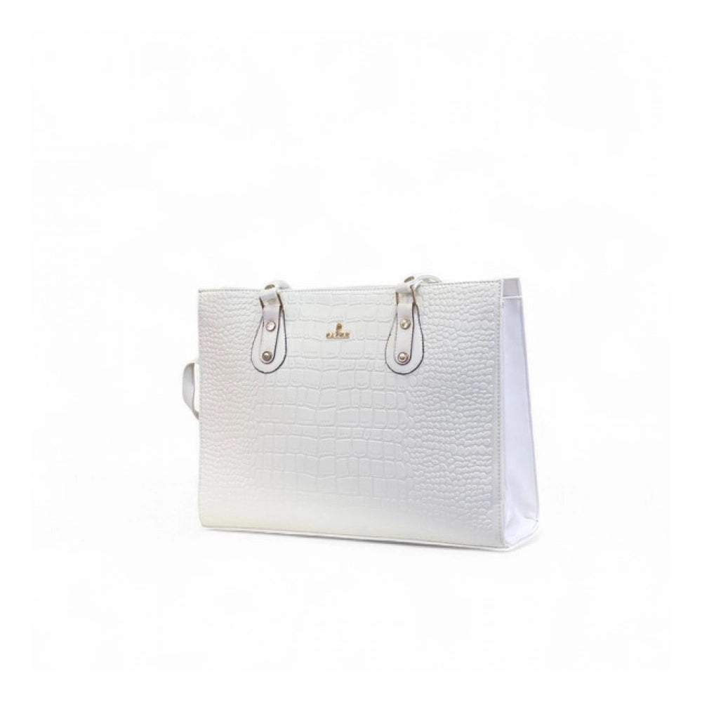 Women's Polyurethane Croco Shoulder Tote Bag (White)