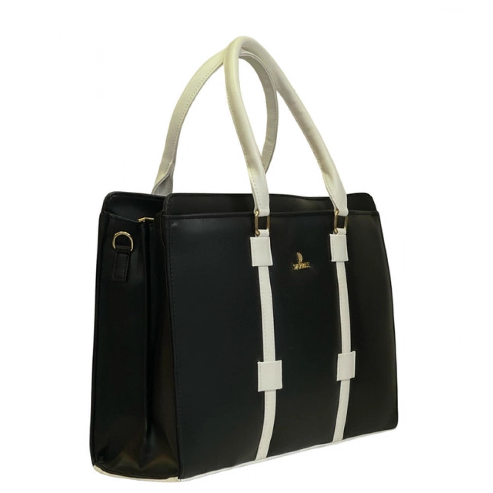 Women's Polyurethane Solid Structured Shoulder Tote Handbag (Black-Cream)