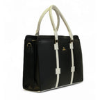 Women's Polyurethane Solid Structured Shoulder Tote Handbag (Black-Cream)