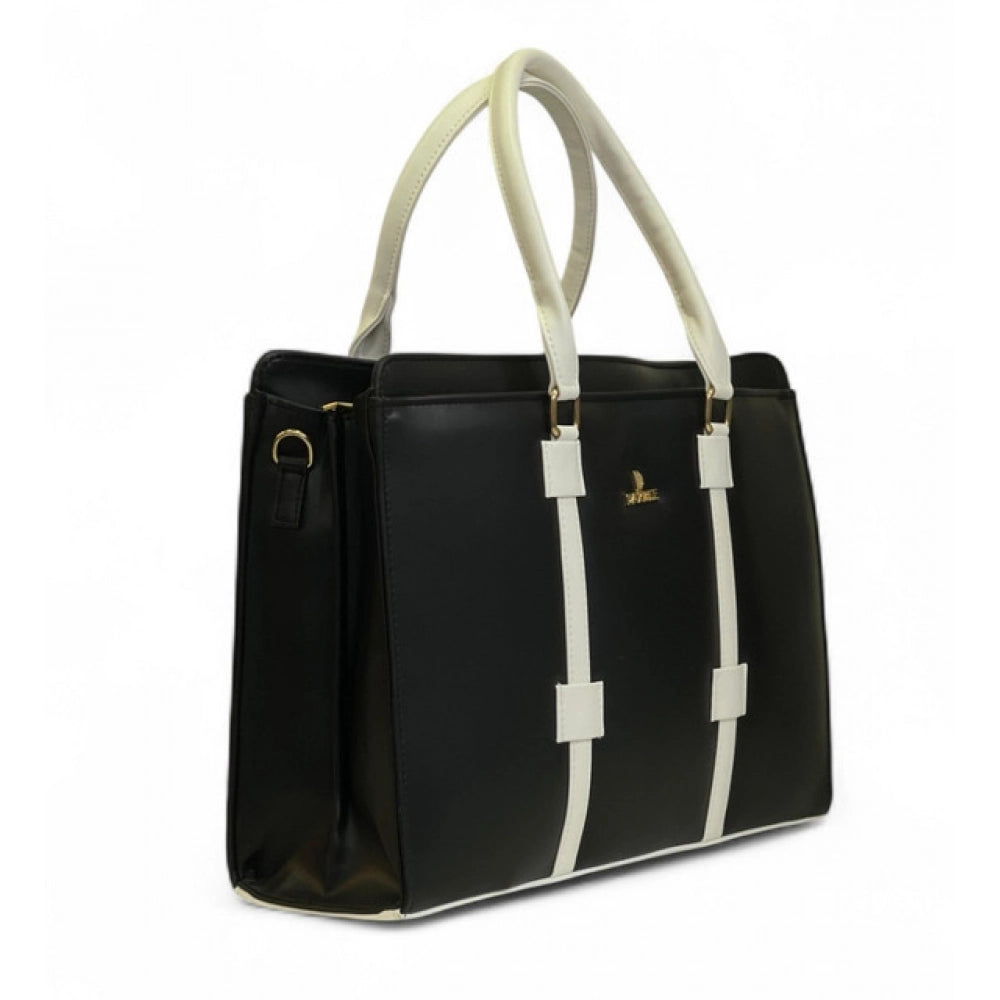 Women's Polyurethane Solid Structured Shoulder Tote Handbag (Black-Cream)