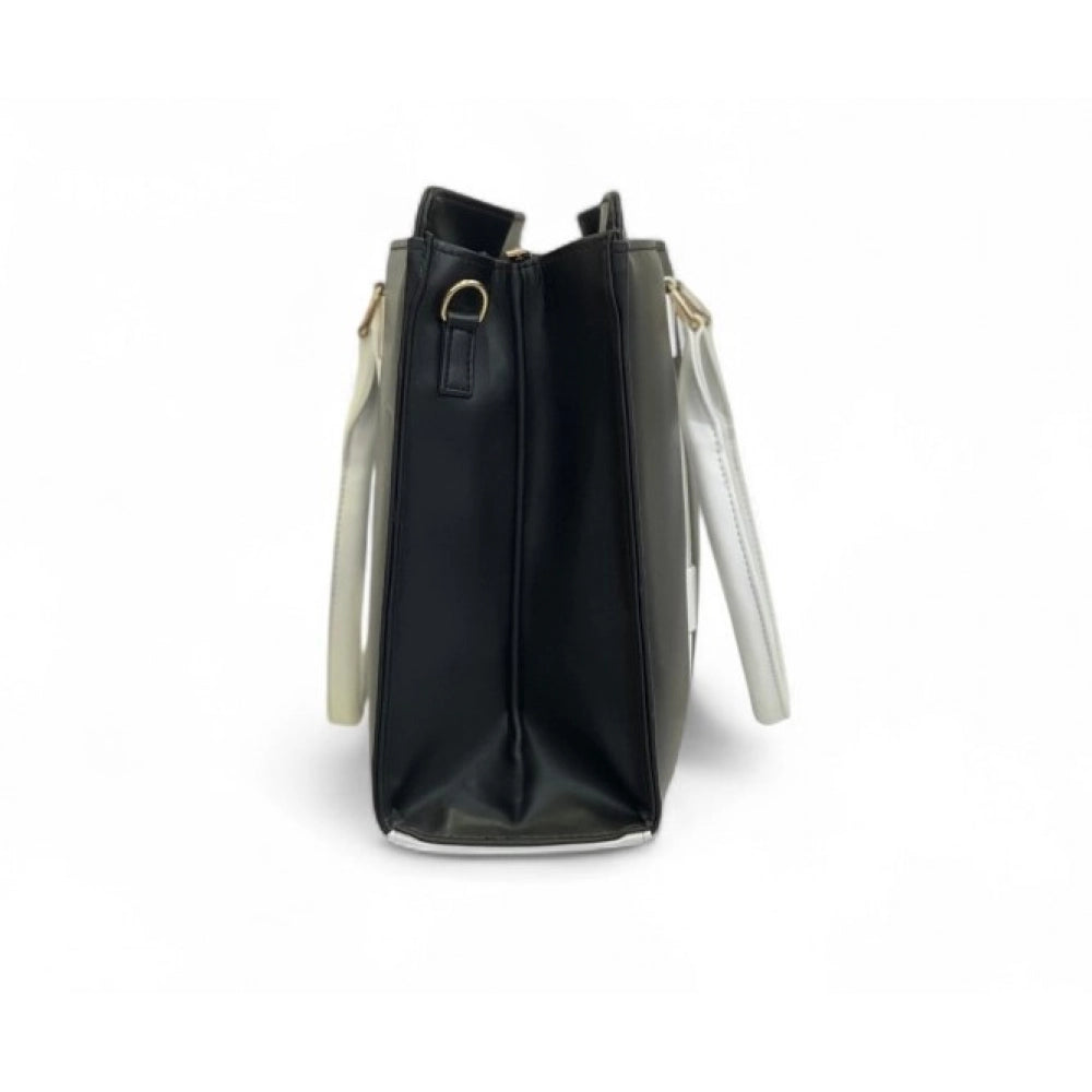 Women's Polyurethane Solid Structured Shoulder Tote Handbag (Black-Cream)