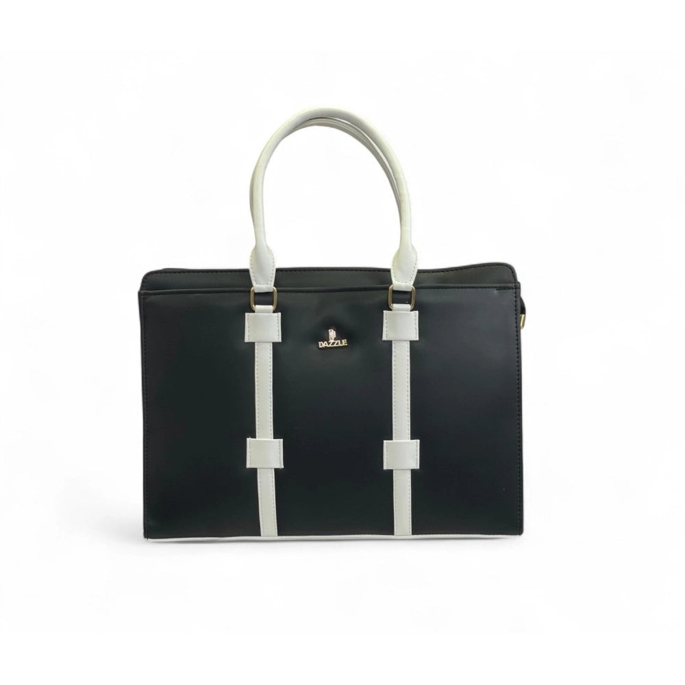 Women's Polyurethane Solid Structured Shoulder Tote Handbag (Black-Cream)
