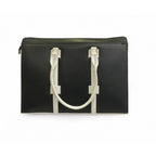 Women's Polyurethane Solid Structured Shoulder Tote Handbag (Black-Cream)