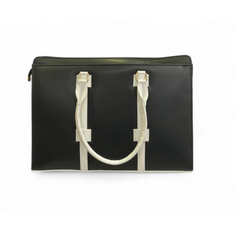 Women's Polyurethane Solid Structured Shoulder Tote Handbag (Black-Cream)
