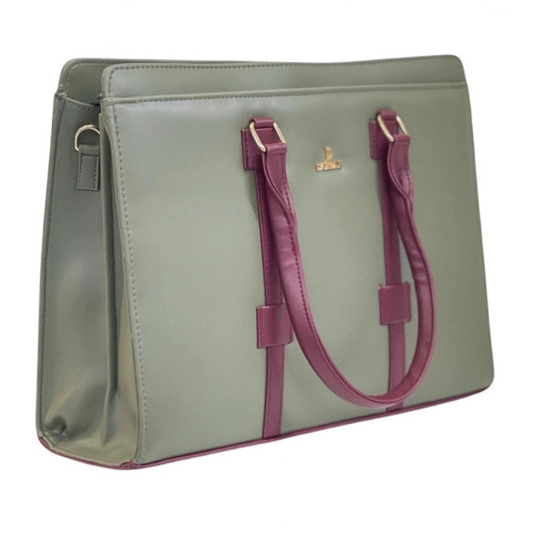 Women's Polyurethane Solid Structured Shoulder Tote Handbag (Sage Green-Burgundy)