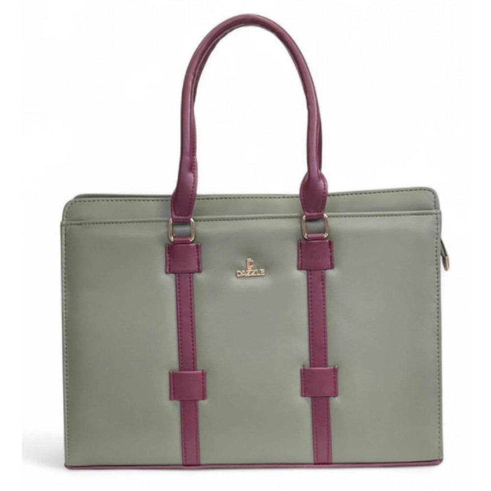 Women's Polyurethane Solid Structured Shoulder Tote Handbag (Sage Green-Burgundy)