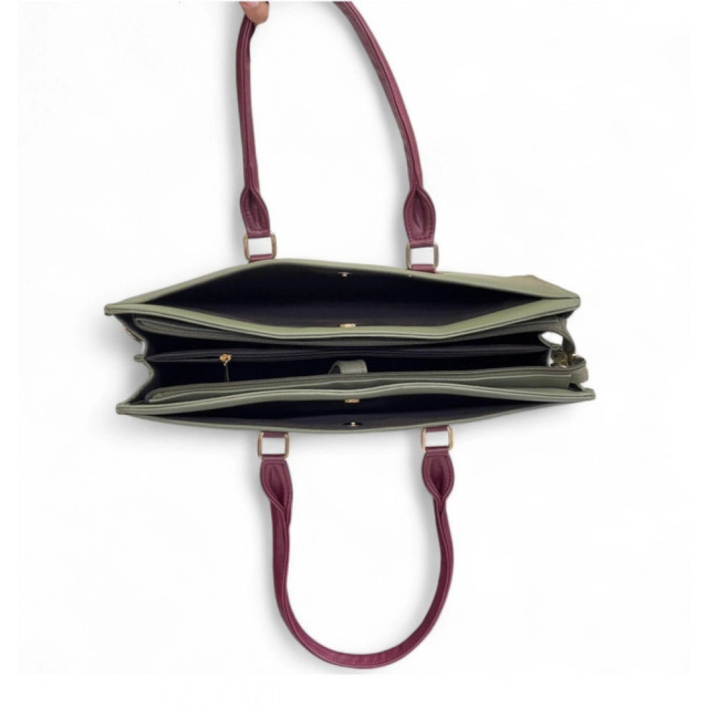 Women's Polyurethane Solid Structured Shoulder Tote Handbag (Sage Green-Burgundy)