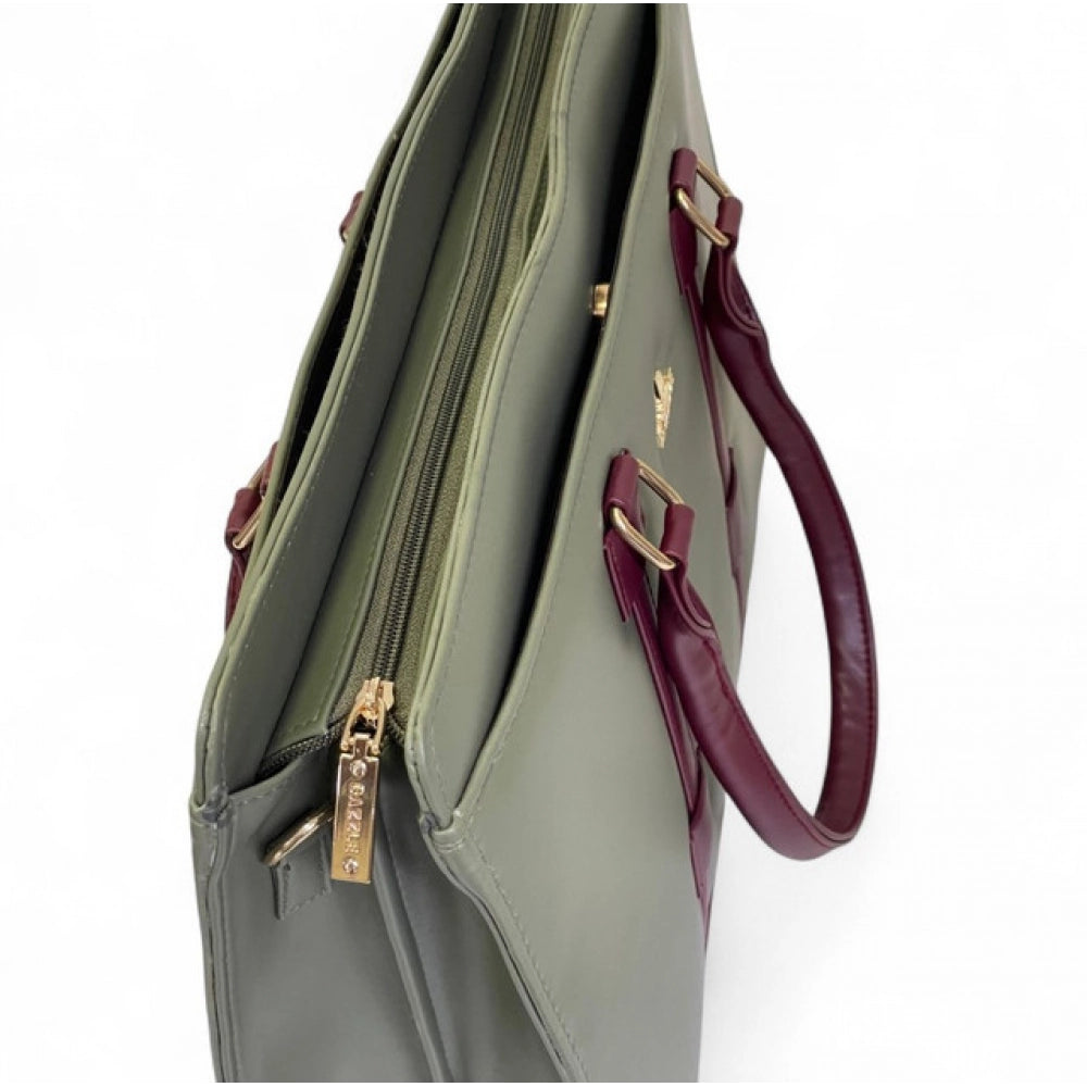 Women's Polyurethane Solid Structured Shoulder Tote Handbag (Sage Green-Burgundy)