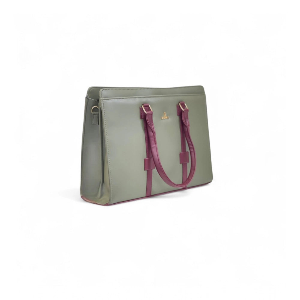 Women's Polyurethane Solid Structured Shoulder Tote Handbag (Sage Green-Burgundy)