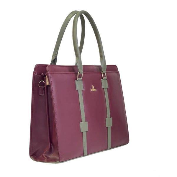 Women's Polyurethane Solid Structured Shoulder Tote Handbag (Burgundy-Gray)