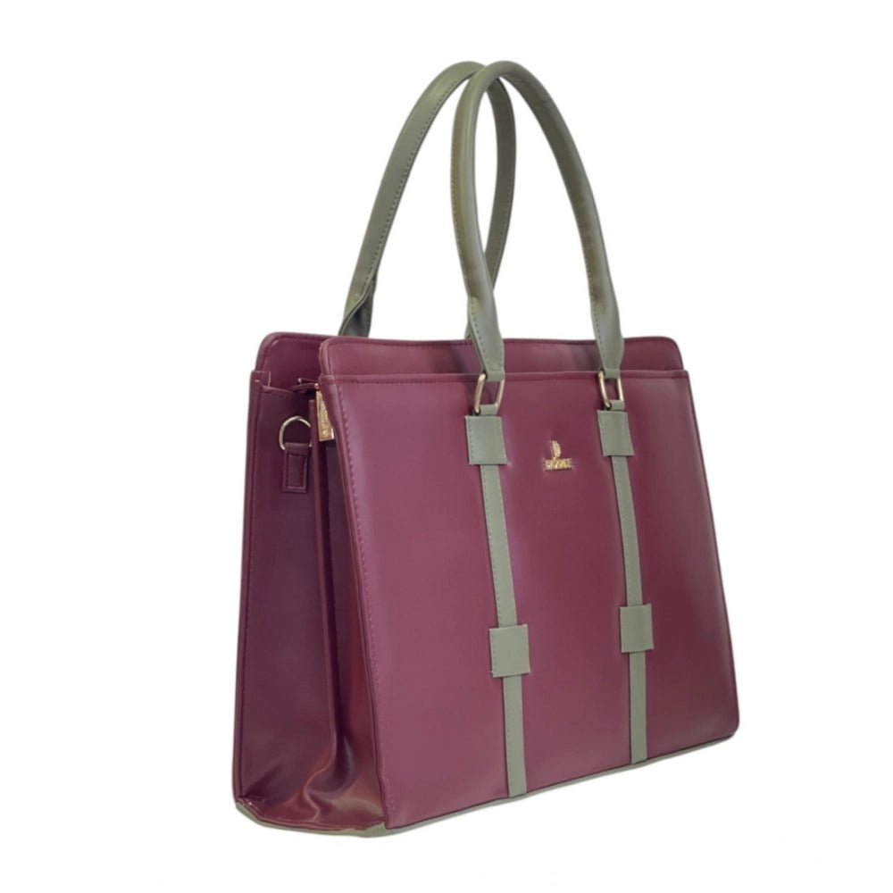 Women's Polyurethane Solid Structured Shoulder Tote Handbag (Burgundy-Gray)