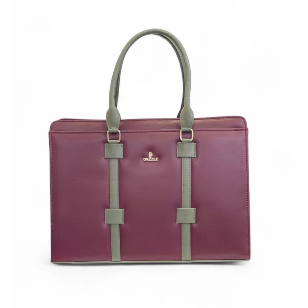 Women's Polyurethane Solid Structured Shoulder Tote Handbag (Burgundy-Gray)