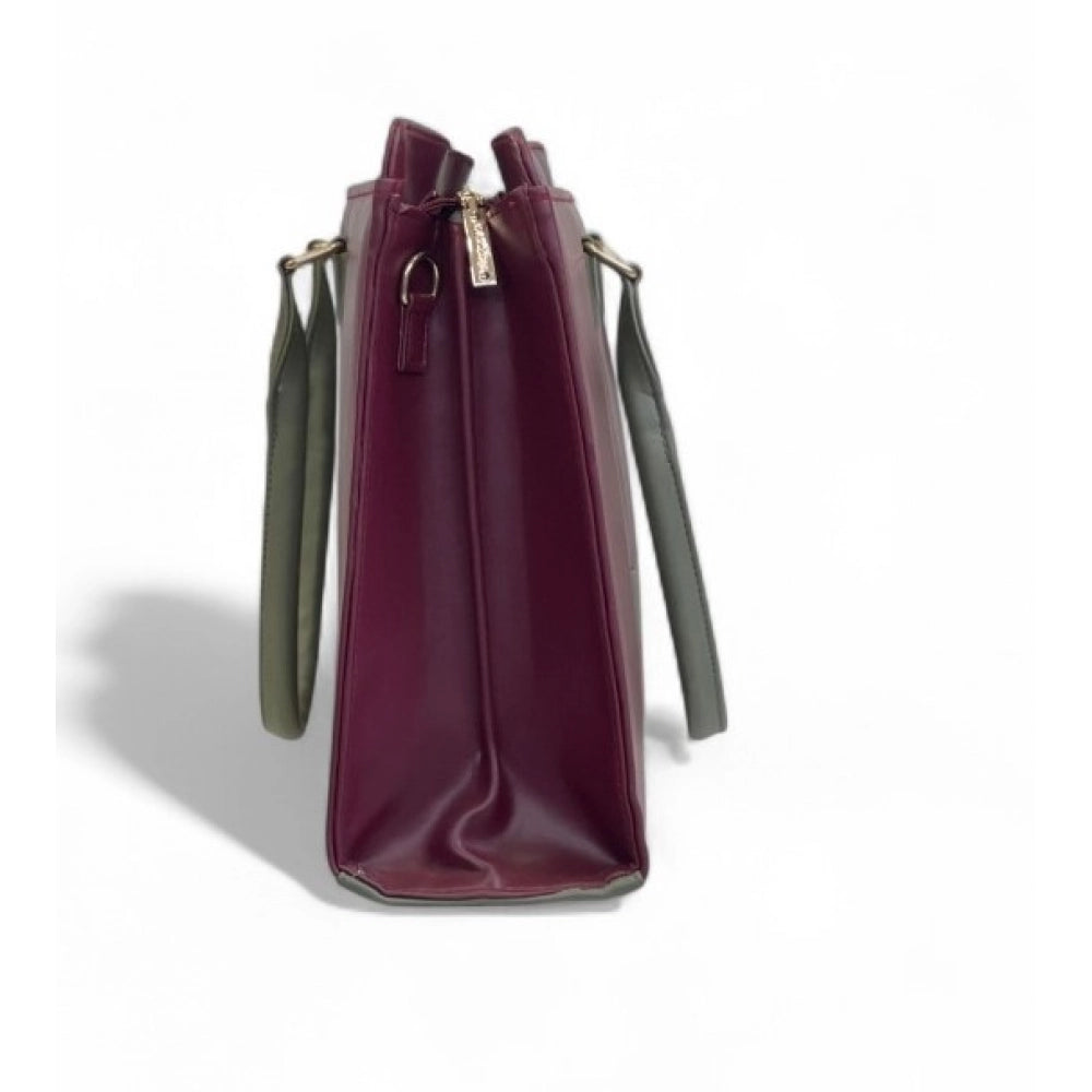 Women's Polyurethane Solid Structured Shoulder Tote Handbag (Burgundy-Gray)