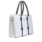 Women's Polyurethane Solid Structured Shoulder Tote Handbag (Cream-Navy Blue)