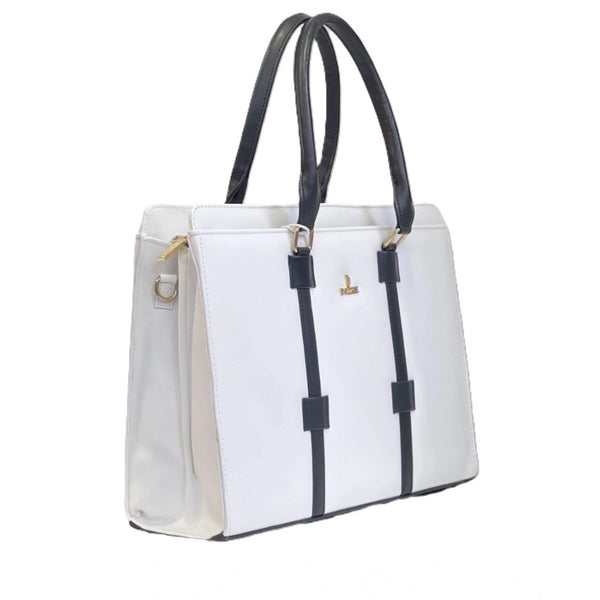 Women's Polyurethane Solid Structured Shoulder Tote Handbag (Cream-Navy Blue)