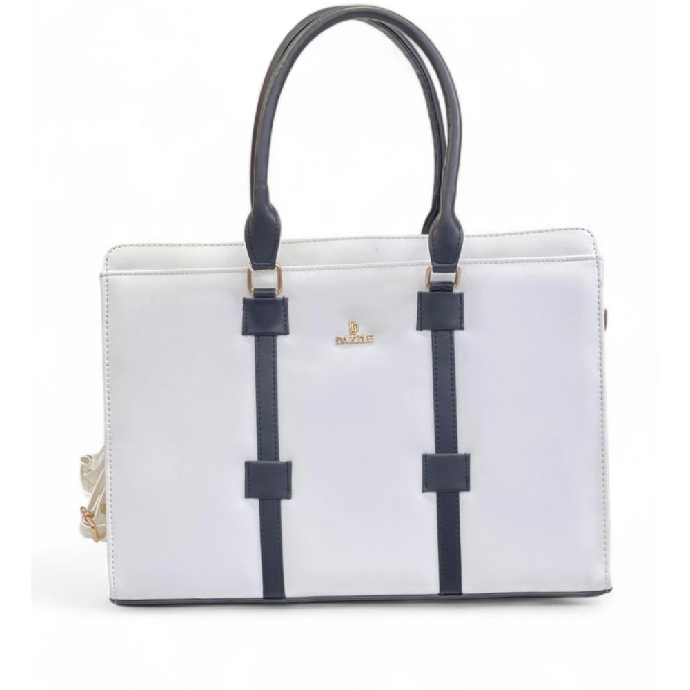 Women's Polyurethane Solid Structured Shoulder Tote Handbag (Cream-Navy Blue)