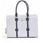 Women's Polyurethane Solid Structured Shoulder Tote Handbag (Cream-Navy Blue)