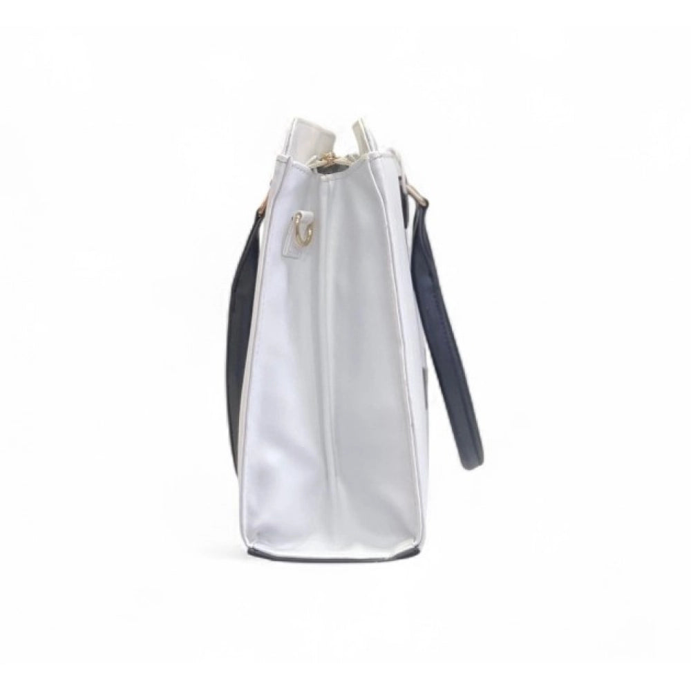 Women's Polyurethane Solid Structured Shoulder Tote Handbag (Cream-Navy Blue)