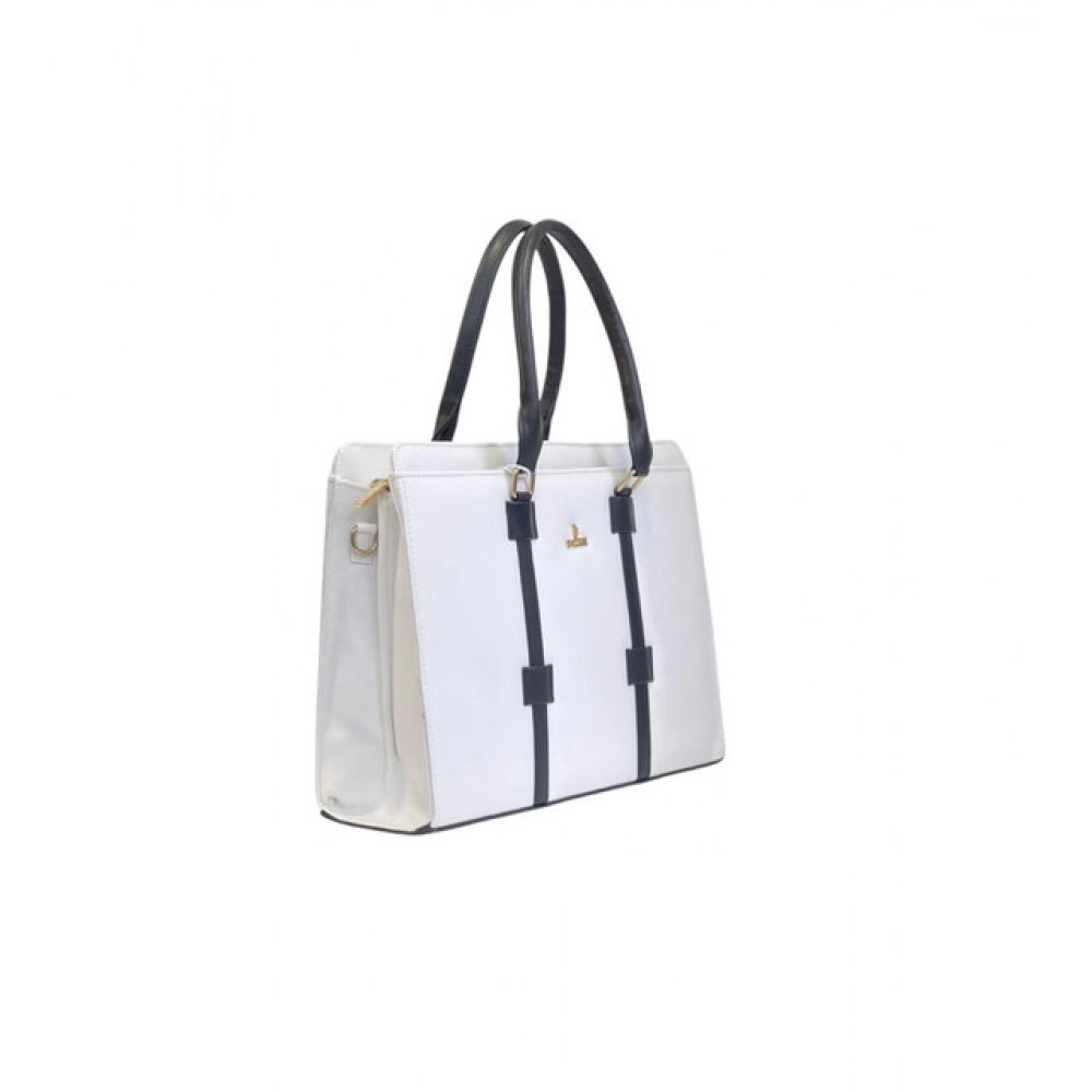 Women's Polyurethane Solid Structured Shoulder Tote Handbag (Cream-Navy Blue)