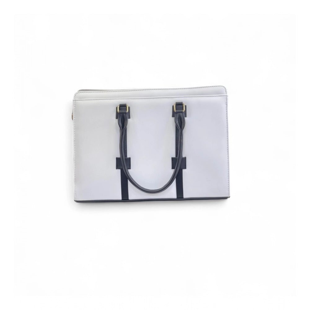 Women's Polyurethane Solid Structured Shoulder Tote Handbag (Cream-Navy Blue)