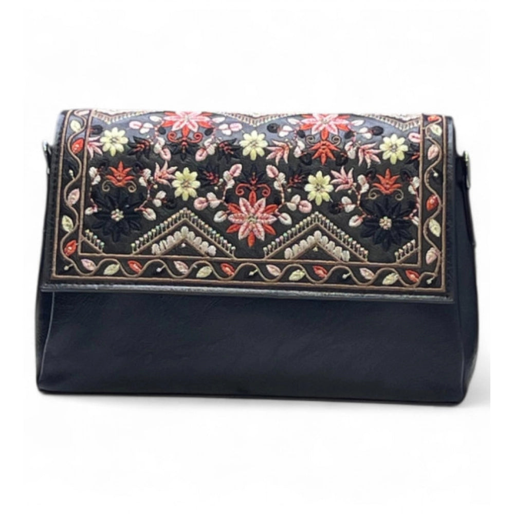 Women's Polyurethane Floral Embroidered Crossbody Sling Bag with Adjustable &amp; Removable Strap (Black)