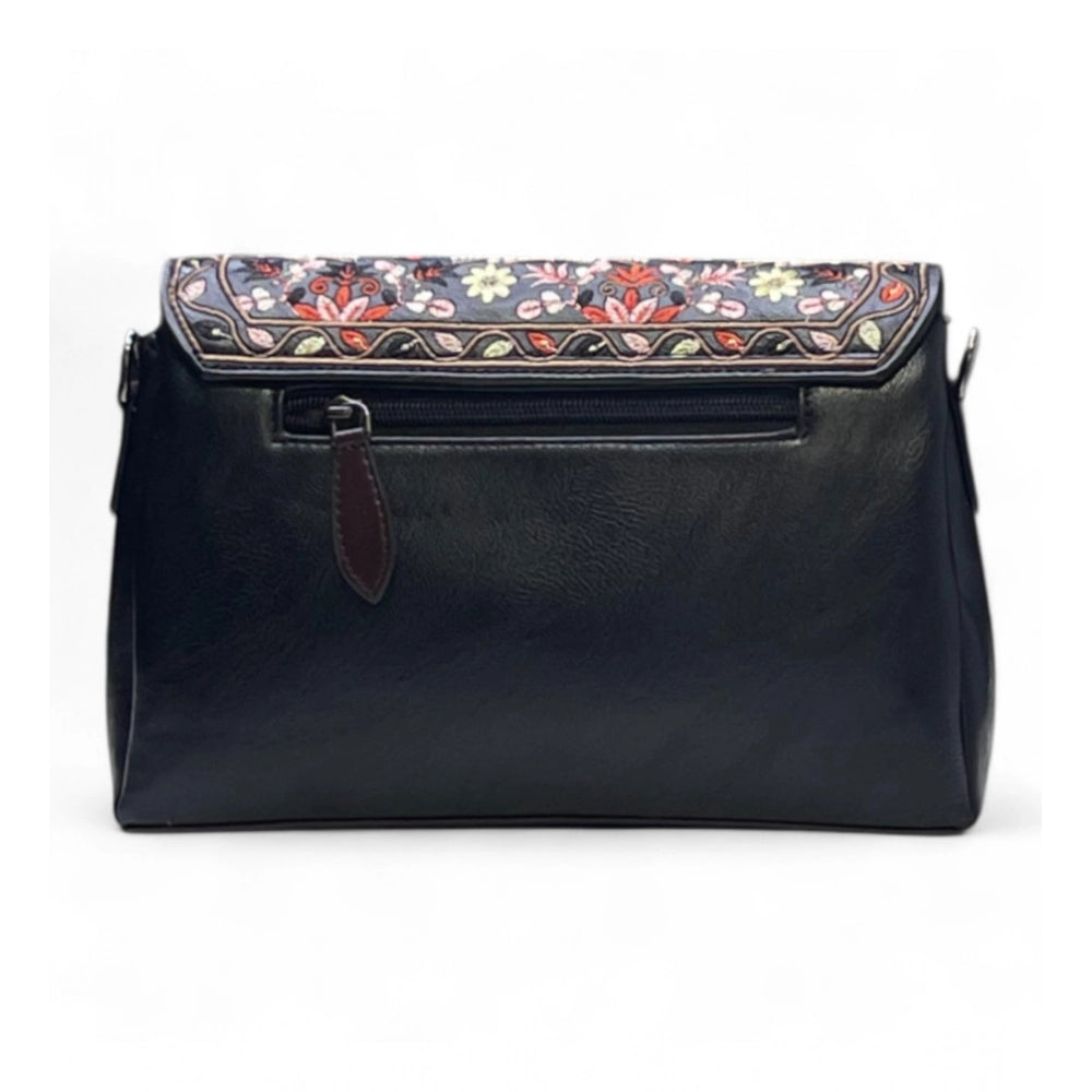 Women's Polyurethane Floral Embroidered Crossbody Sling Bag with Adjustable &amp; Removable Strap (Black)