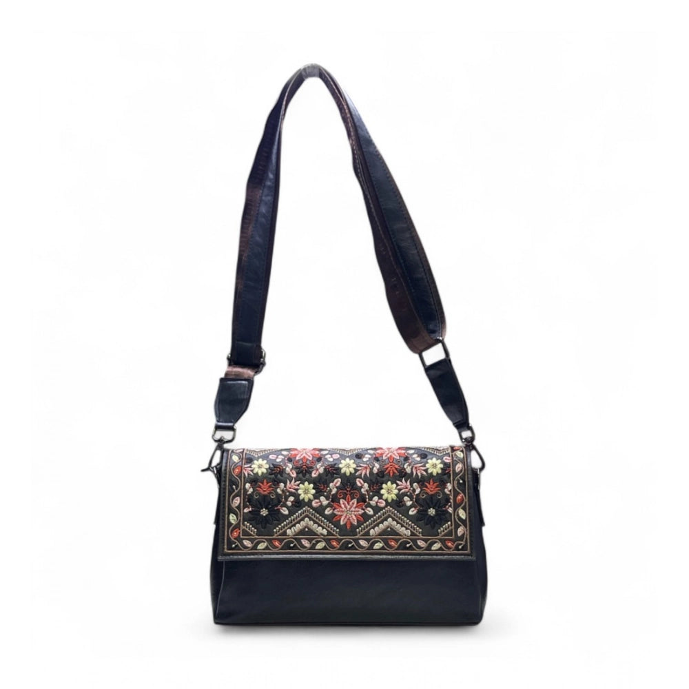 Women's Polyurethane Floral Embroidered Crossbody Sling Bag with Adjustable &amp; Removable Strap (Black)