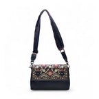 Women's Polyurethane Floral Embroidered Crossbody Sling Bag with Adjustable &amp; Removable Strap (Black)