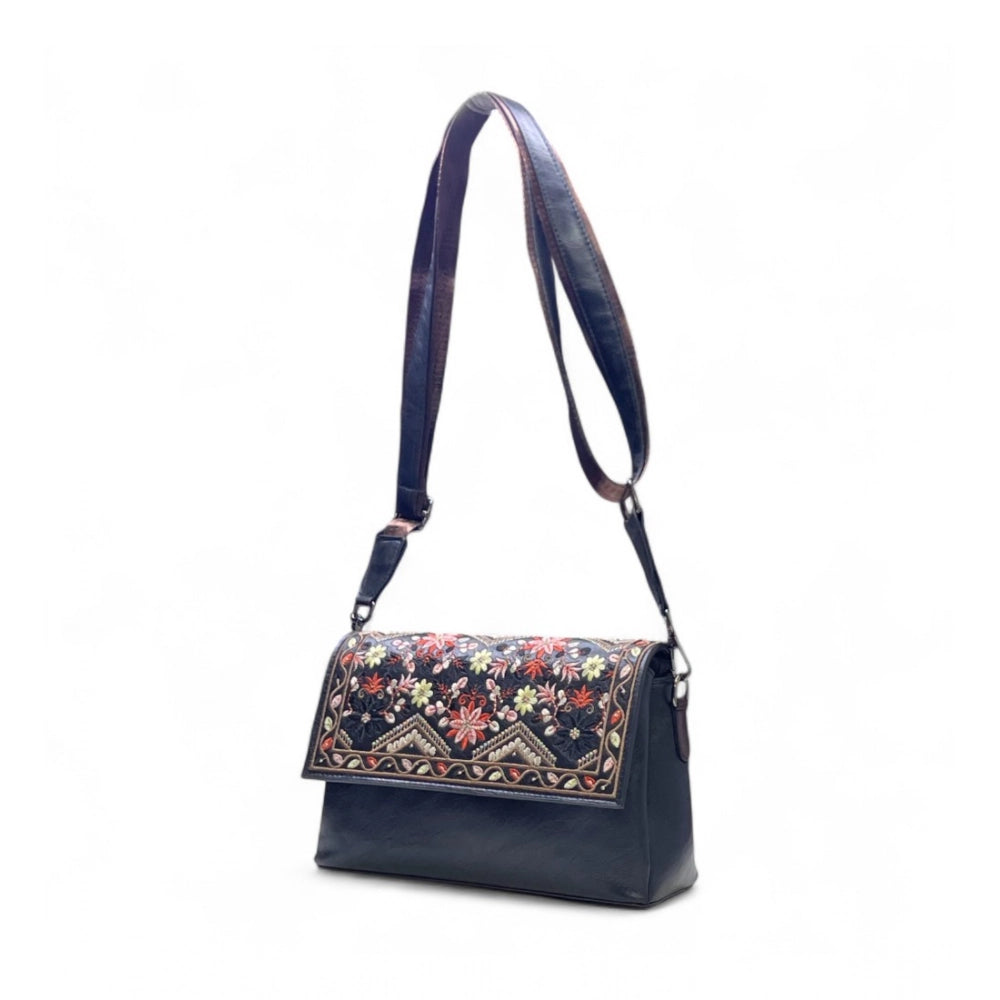 Women's Polyurethane Floral Embroidered Crossbody Sling Bag with Adjustable &amp; Removable Strap (Black)